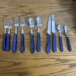 Sabatier France 18/10 Cannes Blue Flatware Set Button Bottom VTG Cutlery 10 Pc